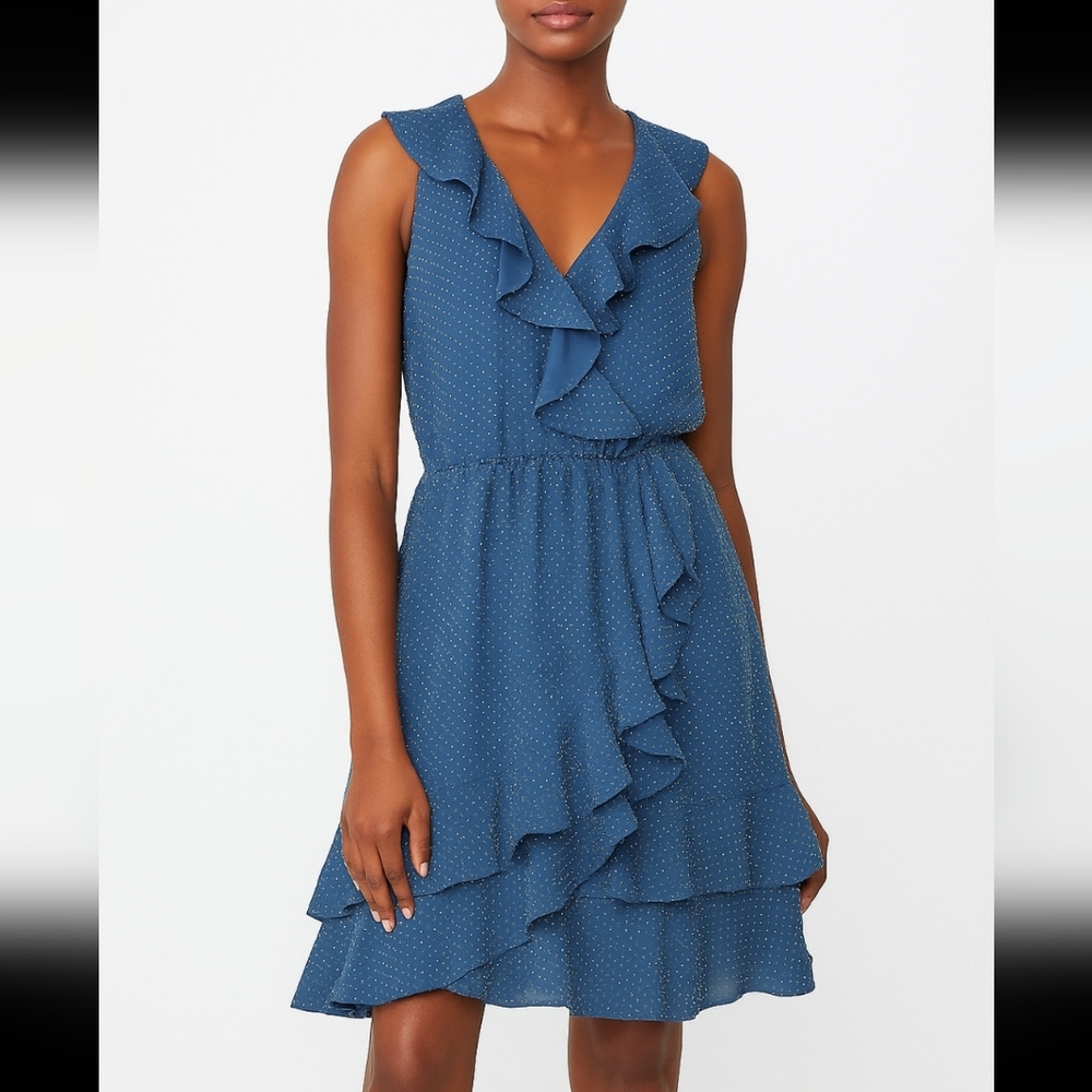 Sachin Babi Mini Dress Sky Blue Midnight Polka Dot Ruffles Silk Chiffon Size 0